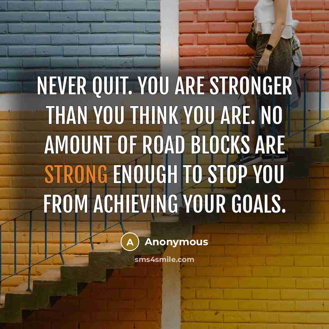 “Never quit. You are stronger than you think you are. No amount of road blocks are strong enough to stop you from achieving your goals.” quote by Anonymous