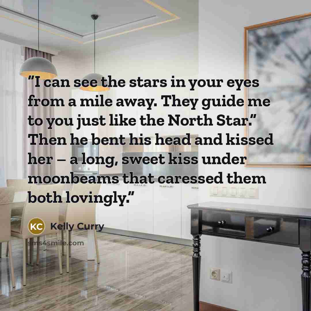 “I can see the stars in your eyes from a mile away. They guide me to you just like the North Star.” Then he bent his head and kissed her – a long, sweet kiss under moonbeams that caressed them both lovingly.” quote by Kelly Curry