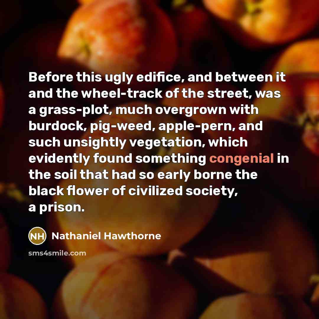 “Before this ugly edifice, and between it and the wheel-track of the street, was a grass-plot, much overgrown with burdock, pig-weed, apple-pern, and such unsightly vegetation, which evidently found something congenial in the soil that had so early borne the black flower of civilized society, a…” quote by Nathaniel Hawthorne