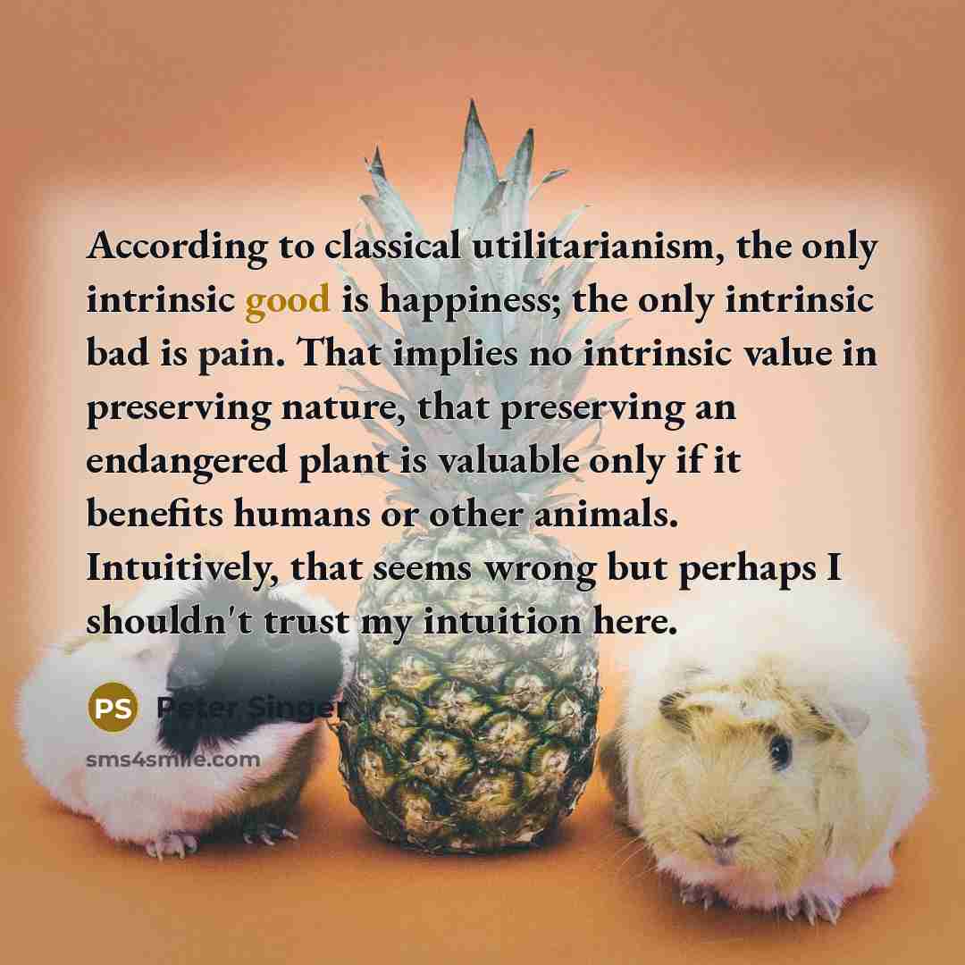 “According to classical utilitarianism, the only intrinsic good is happiness; the only intrinsic bad is pain. That implies no intrinsic value in preserving nature, that preserving an endangered plant is valuable only if it benefits humans or other animals. Intuitively, that seems wrong but perhaps…” quote by Peter Singer
