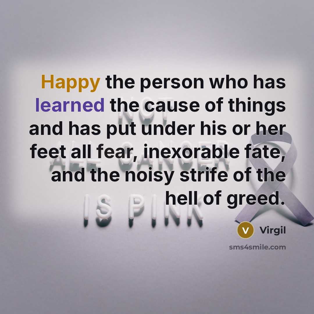“Happy the person who has learned the cause of things and has put under his or her feet all fear, inexorable fate, and the noisy strife of the hell of greed.” quote by Virgil