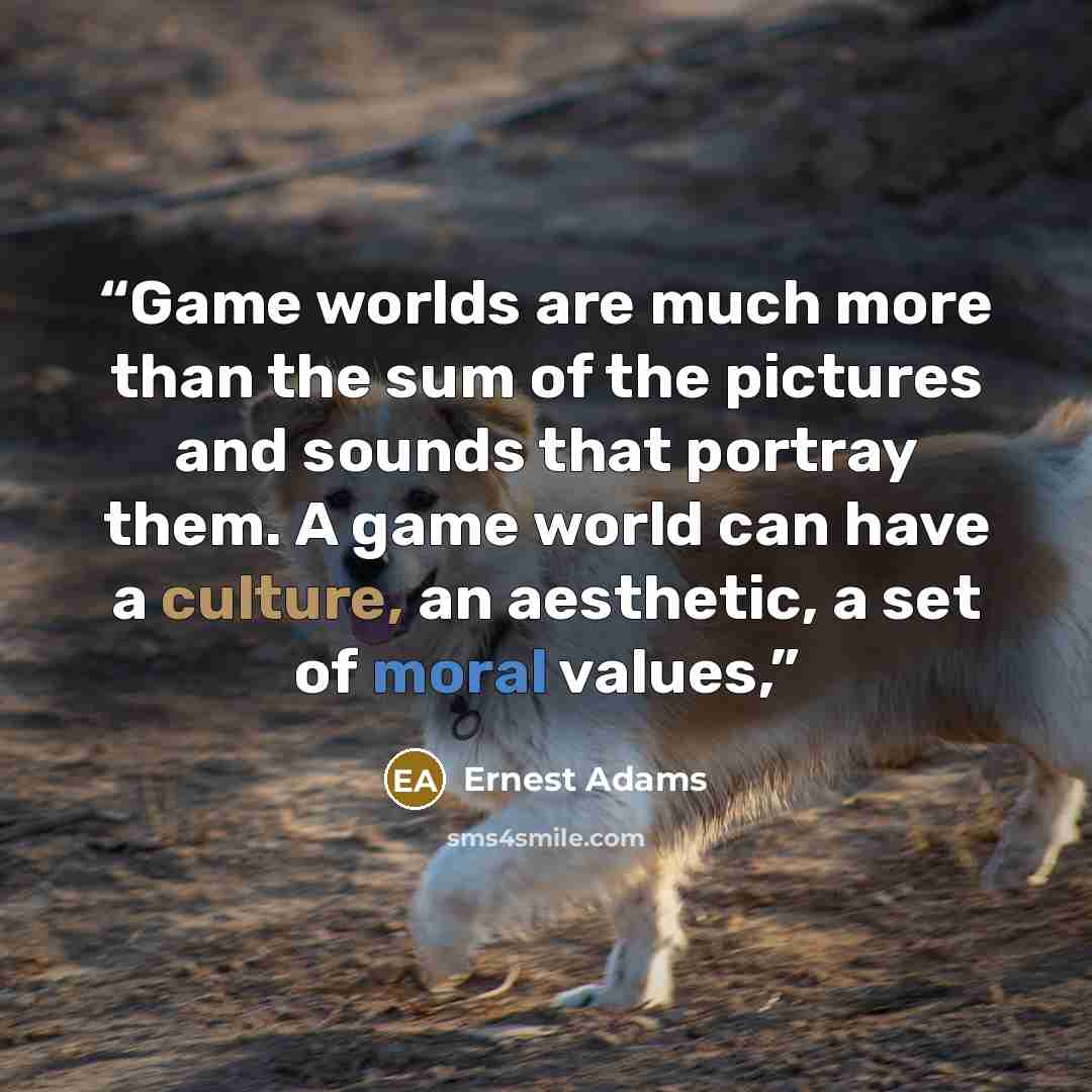 “Game worlds are much more than the sum of the pictures and sounds that portray them. A game world can have a culture, an aesthetic, a set of moral values,” quote by Ernest Adams