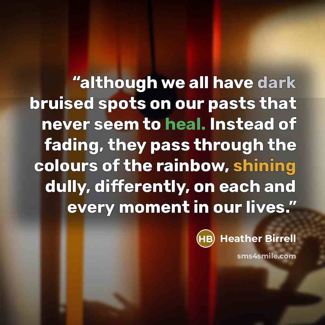 “although we all have dark bruised spots on our pasts that never seem to heal. Instead of fading, they pass through the colours of the rainbow, shining dully, differently, on each and every moment in our lives.” quote by Heather Birrell