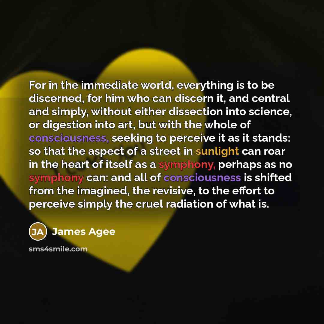 “For in the immediate world, everything is to be discerned, for him who can discern it, and central and simply, without either dissection into science, or digestion into art, but with the whole of consciousness, seeking to perceive it as it stands: so that the aspect of a street in sunlight can…” quote by James Agee