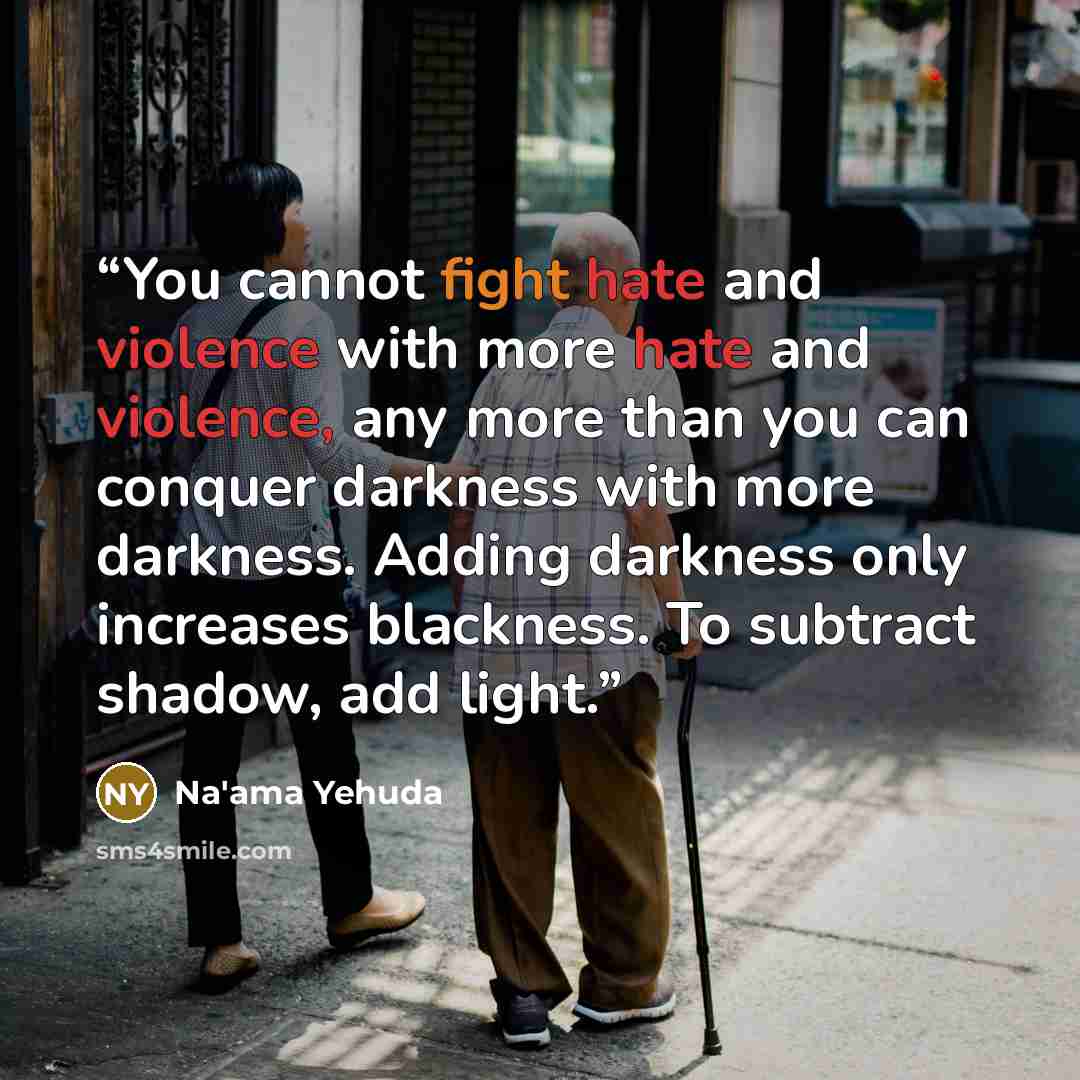 “You cannot fight hate and violence with more hate and violence, any more than you can conquer darkness with more darkness. Adding darkness only increases blackness. To subtract shadow, add light.” quote by Na'ama Yehuda