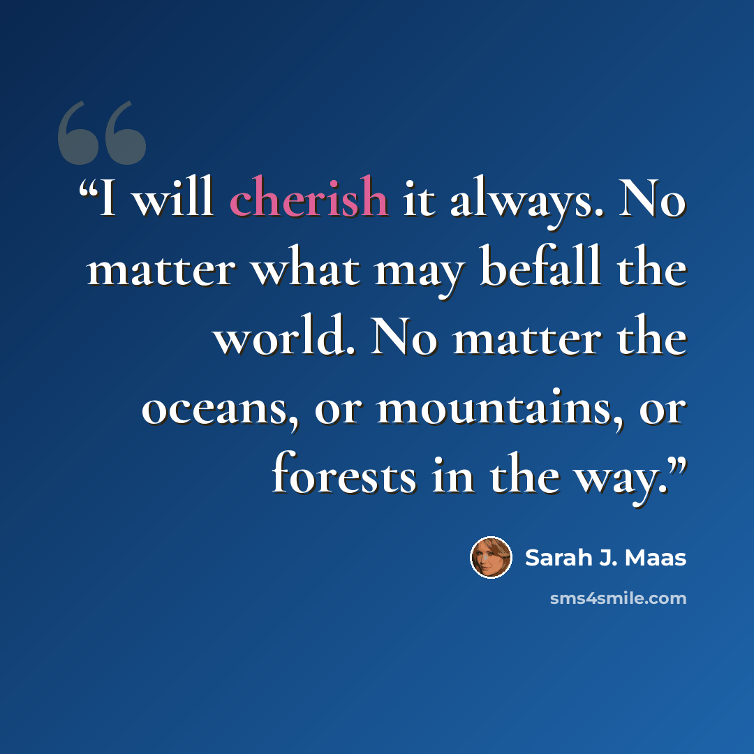 “I will cherish it always. No matter what may befall the world. No matter the oceans, or mountains, or forests in the way.” quote by Sarah J. Maas