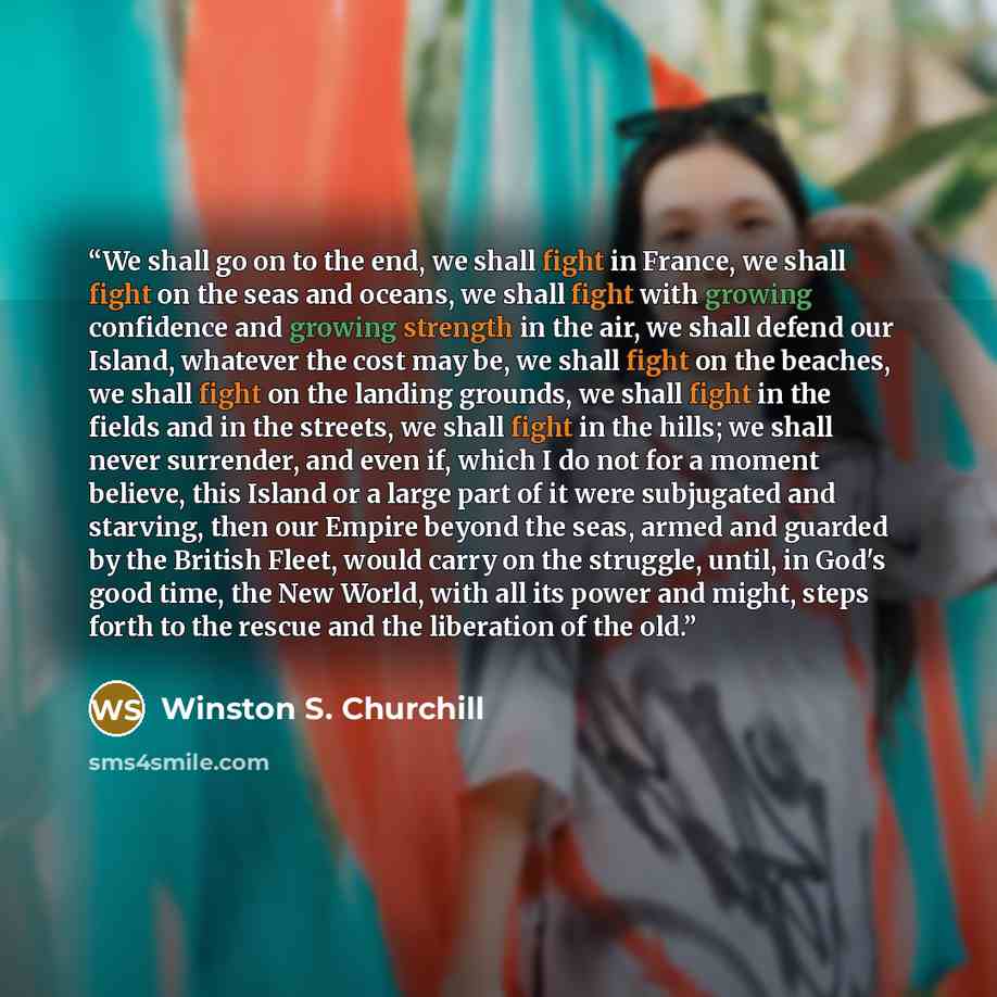 “We shall go on to the end, we shall fight in France, we shall fight on the seas and oceans, we shall fight with growing confidence and growing strength in the air, we shall defend our Island, whatever the cost may be, we shall fight on the beaches, we shall fight on the landing grounds, we shall…” quote by Winston S. Churchill
