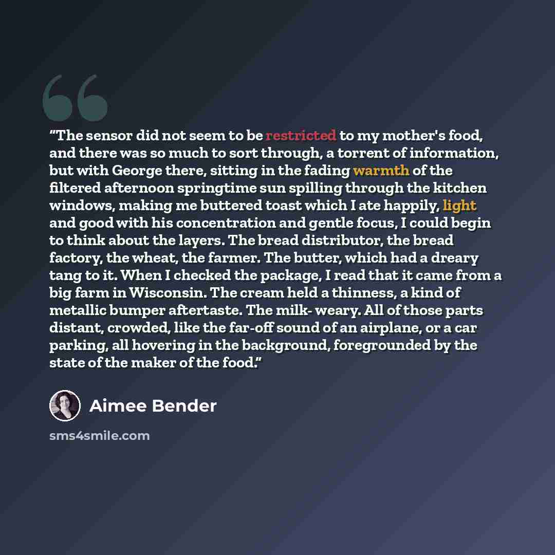 “The sensor did not seem to be restricted to my mother's food, and there was so much to sort through, a torrent of information, but with George there, sitting in the fading warmth of the filtered afternoon springtime sun spilling through the kitchen windows, making me buttered toast which I ate…” quote by Aimee Bender