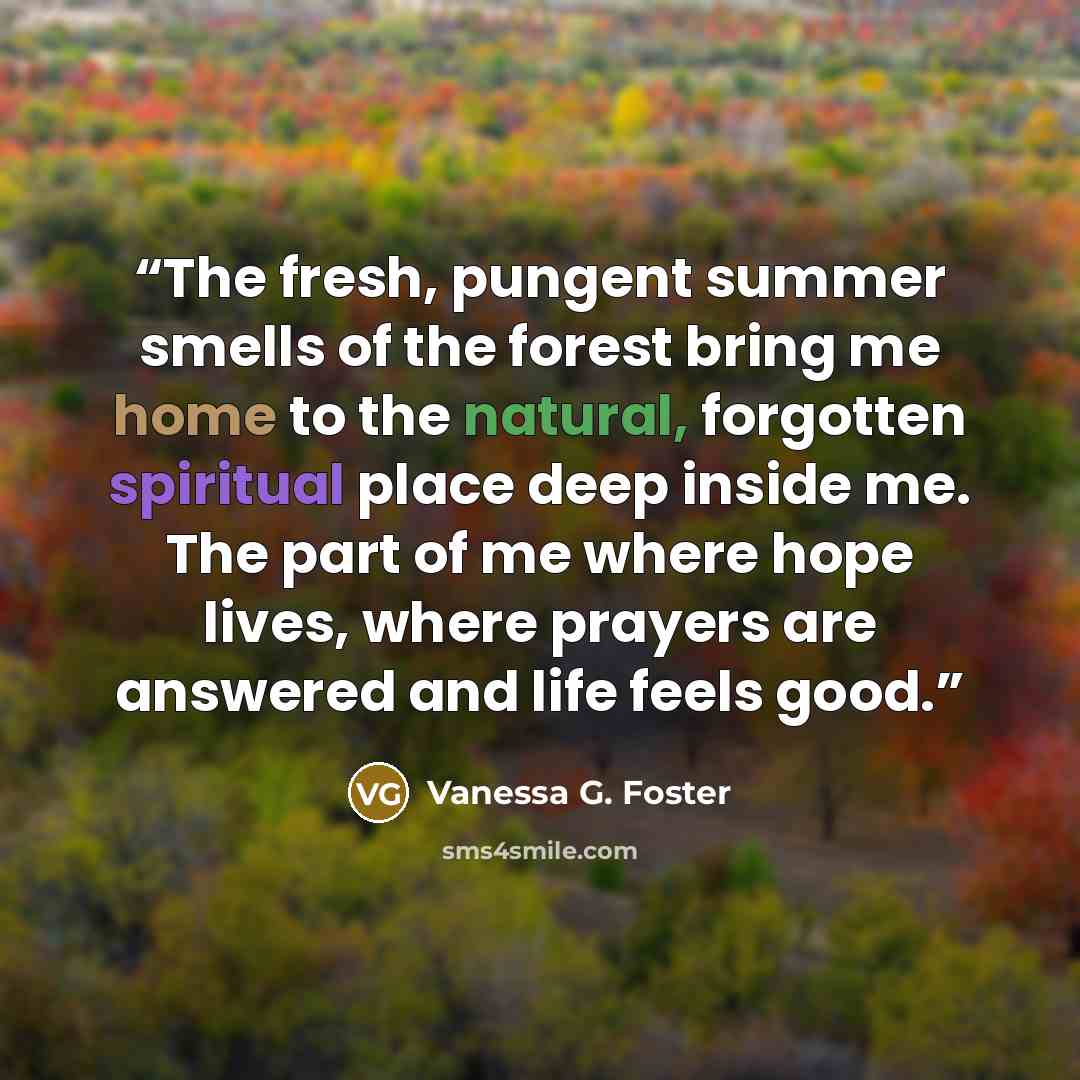 “The fresh, pungent summer smells of the forest bring me home to the natural, forgotten spiritual place deep inside me. The part of me where hope lives, where prayers are answered and life feels good.” quote by Vanessa G. Foster