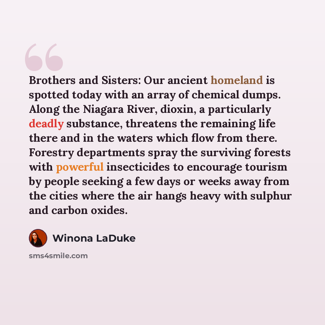 “Brothers and Sisters: Our ancient homeland is spotted today with an array of chemical dumps. Along the Niagara River, dioxin, a particularly deadly substance, threatens the remaining life there and in the waters which flow from there. Forestry departments spray the surviving forests with powerful…” quote by Winona LaDuke