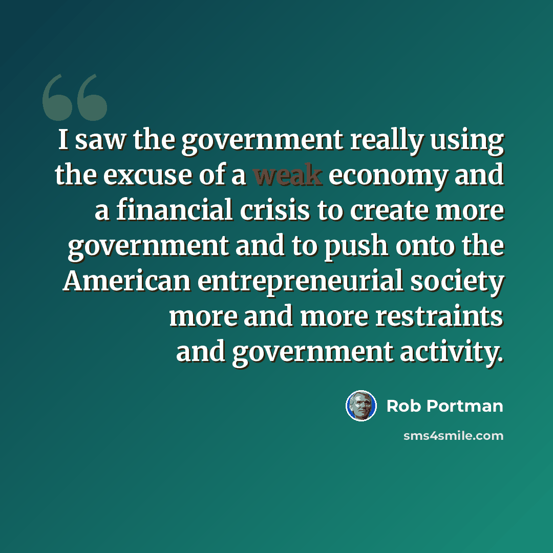 “I saw the government really using the excuse of a weak economy and a financial crisis to create more government and to push onto the American entrepreneurial society more and more restraints and government activity.” quote by Rob Portman
