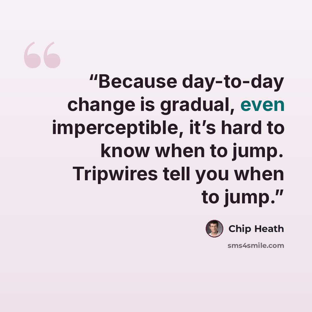 “Because day-to-day change is gradual, even imperceptible, it’s hard to know when to jump. Tripwires tell you when to jump.” quote by Chip Heath
