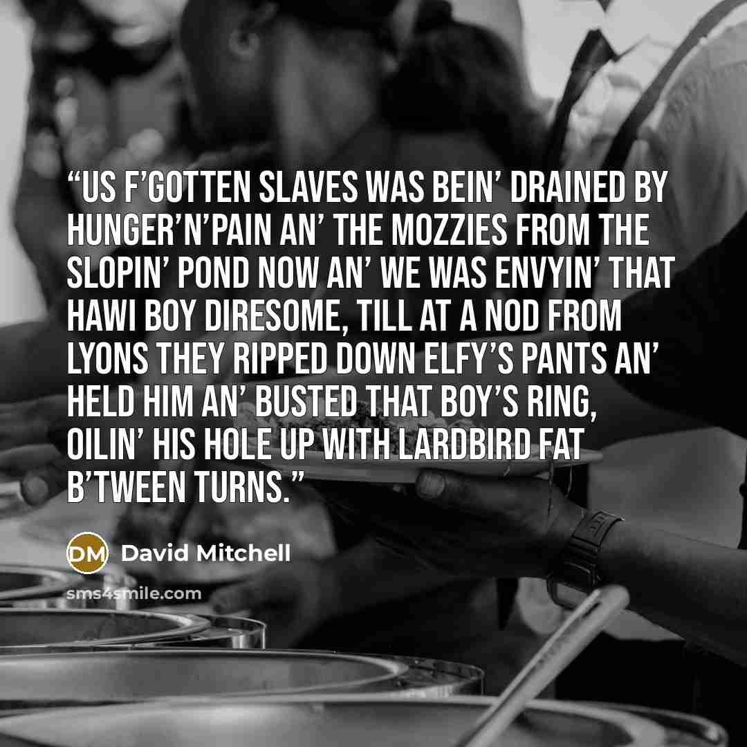 “Us f’gotten slaves was bein’ drained by hunger’n’pain an’ the mozzies from the slopin’ pond now an’ we was envyin’ that Hawi boy diresome, till at a nod from Lyons they ripped down Elfy’s pants an’ held him an’ busted that boy’s ring, oilin’ his hole up with lardbird fat b’tween turns.” quote by David Mitchell