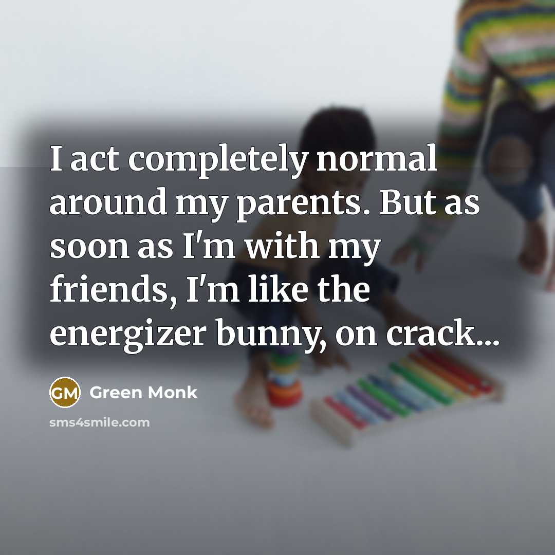 “I act completely normal around my parents. But as soon as I'm with my friends, I'm like the energizer bunny, on crack...” quote by Green Monk
