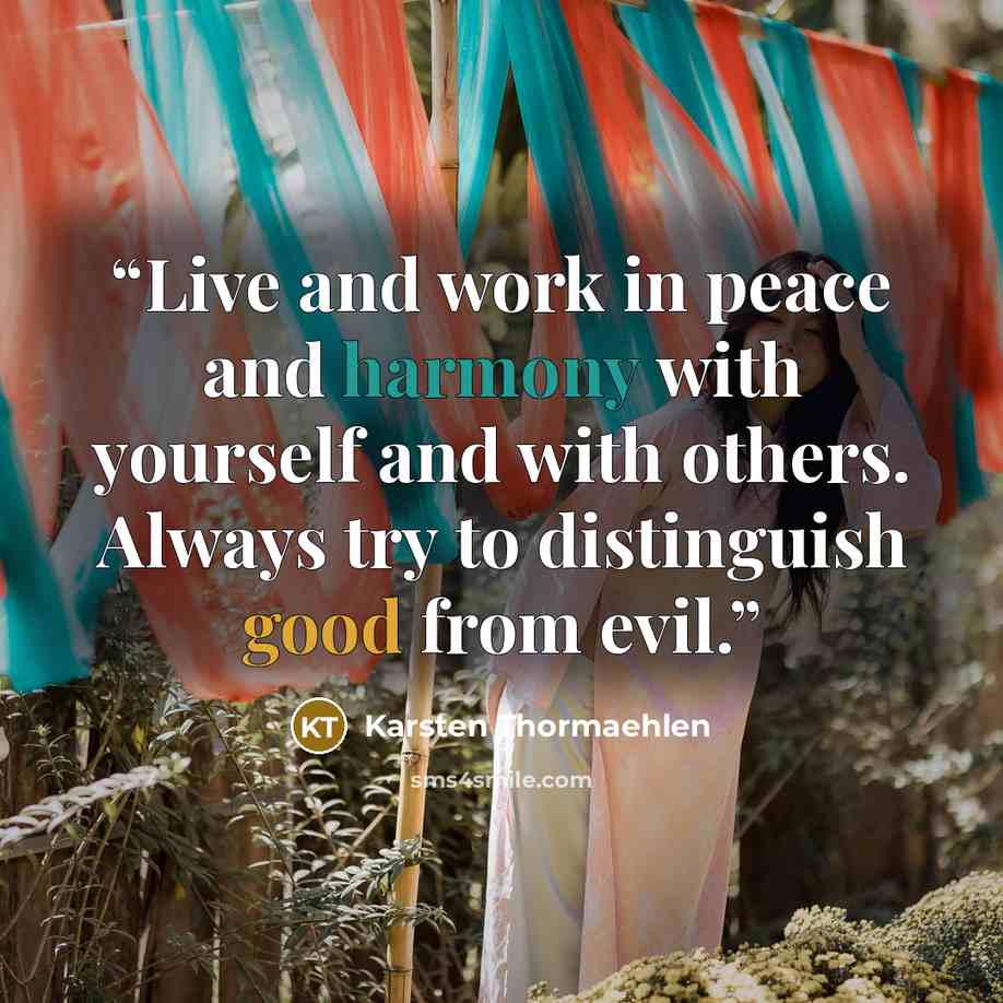 “Live and work in peace and harmony with yourself and with others. Always try to distinguish good from evil.” quote by Karsten Thormaehlen
