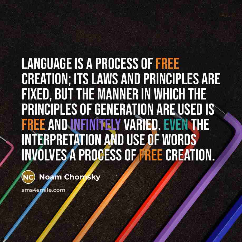 “Language is a process of free creation; its laws and principles are fixed, but the manner in which the principles of generation are used is free and infinitely varied. Even the interpretation and use of words involves a process of free creation.” quote by Noam Chomsky