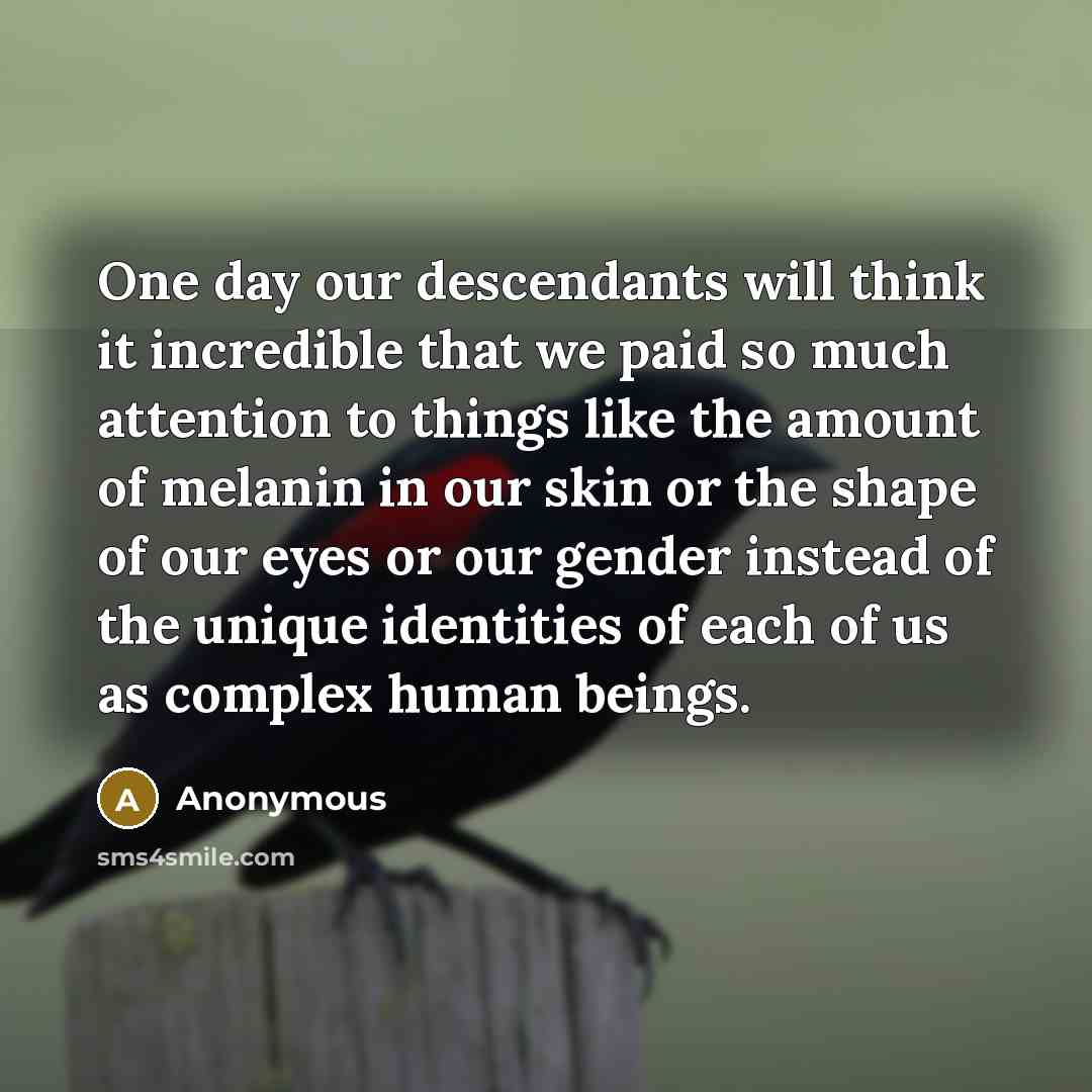 “One day our descendants will think it incredible that we paid so much attention to things like the amount of melanin in our skin or the shape of our eyes or our gender instead of the unique identities of each of us as complex human beings.” quote by Anonymous