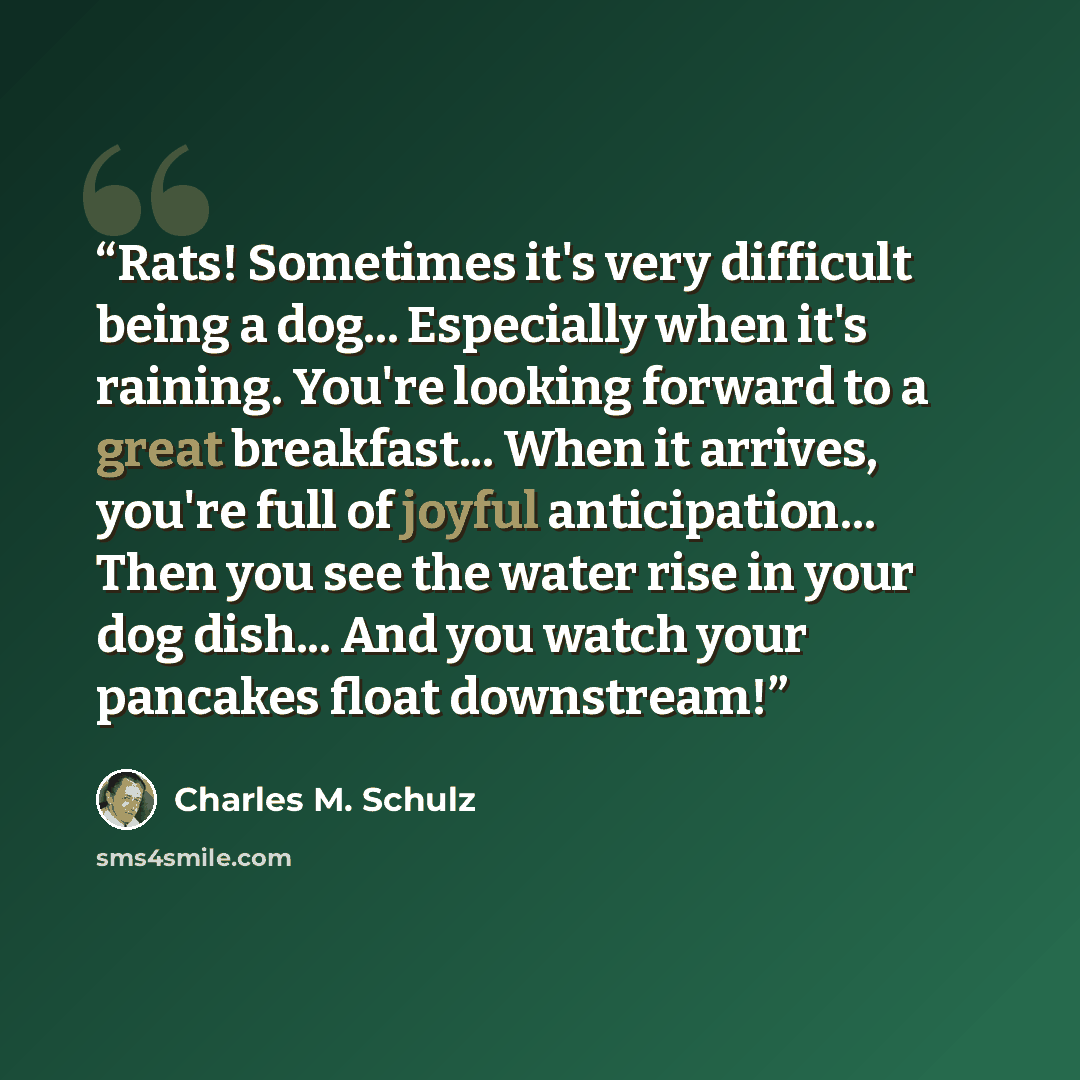 “Rats! Sometimes it's very difficult being a dog... Especially when it's raining. You're looking forward to a great breakfast... When it arrives, you're full of joyful anticipation... Then you see the water rise in your dog dish... And you watch your pancakes float downstream!” quote by Charles M. Schulz