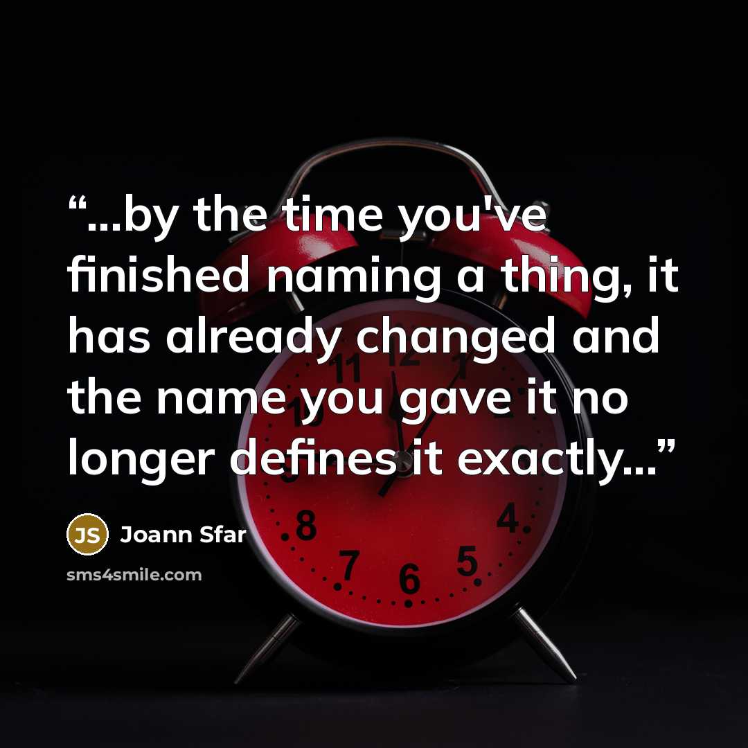 “...by the time you've finished naming a thing, it has already changed and the name you gave it no longer defines it exactly...” quote by Joann Sfar