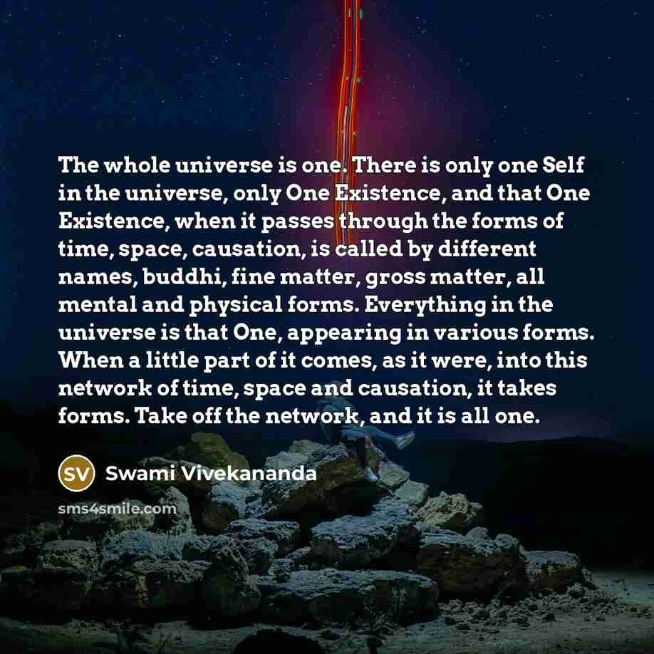“The whole universe is one. There is only one Self in the universe, only One Existence, and that One Existence, when it passes through the forms of time, space, causation, is called by different names, buddhi, fine matter, gross matter, all mental and physical forms. Everything in the universe is…” quote by Swami Vivekananda