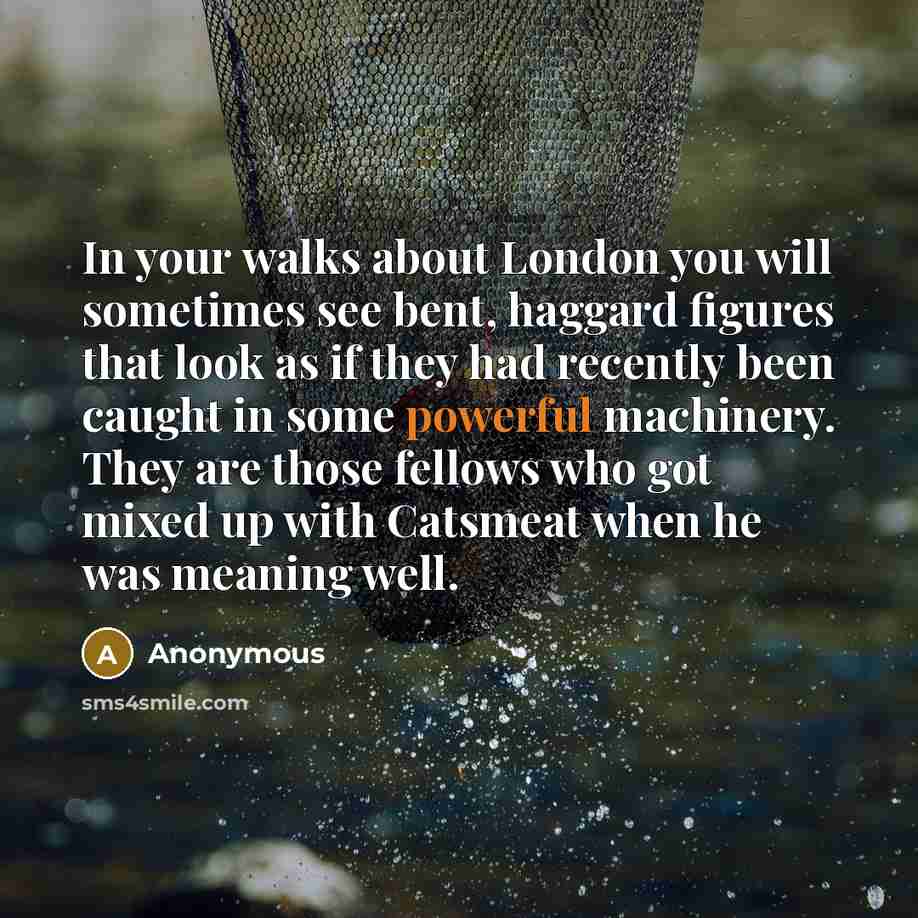 “In your walks about London you will sometimes see bent, haggard figures that look as if they had recently been caught in some powerful machinery. They are those fellows who got mixed up with Catsmeat when he was meaning well.” quote by Anonymous