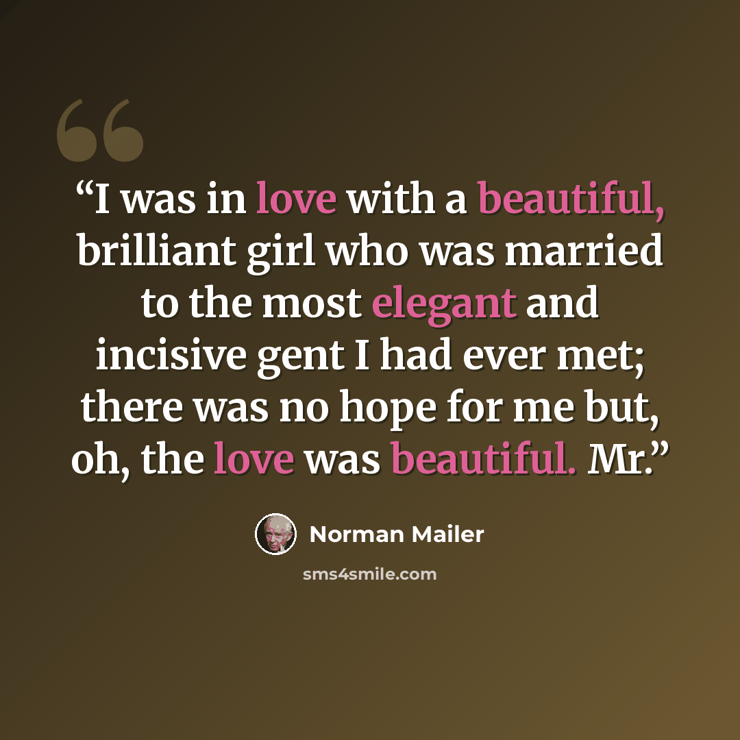“I was in love with a beautiful, brilliant girl who was married to the most elegant and incisive gent I had ever met; there was no hope for me but, oh, the love was beautiful. Mr.” quote by Norman Mailer