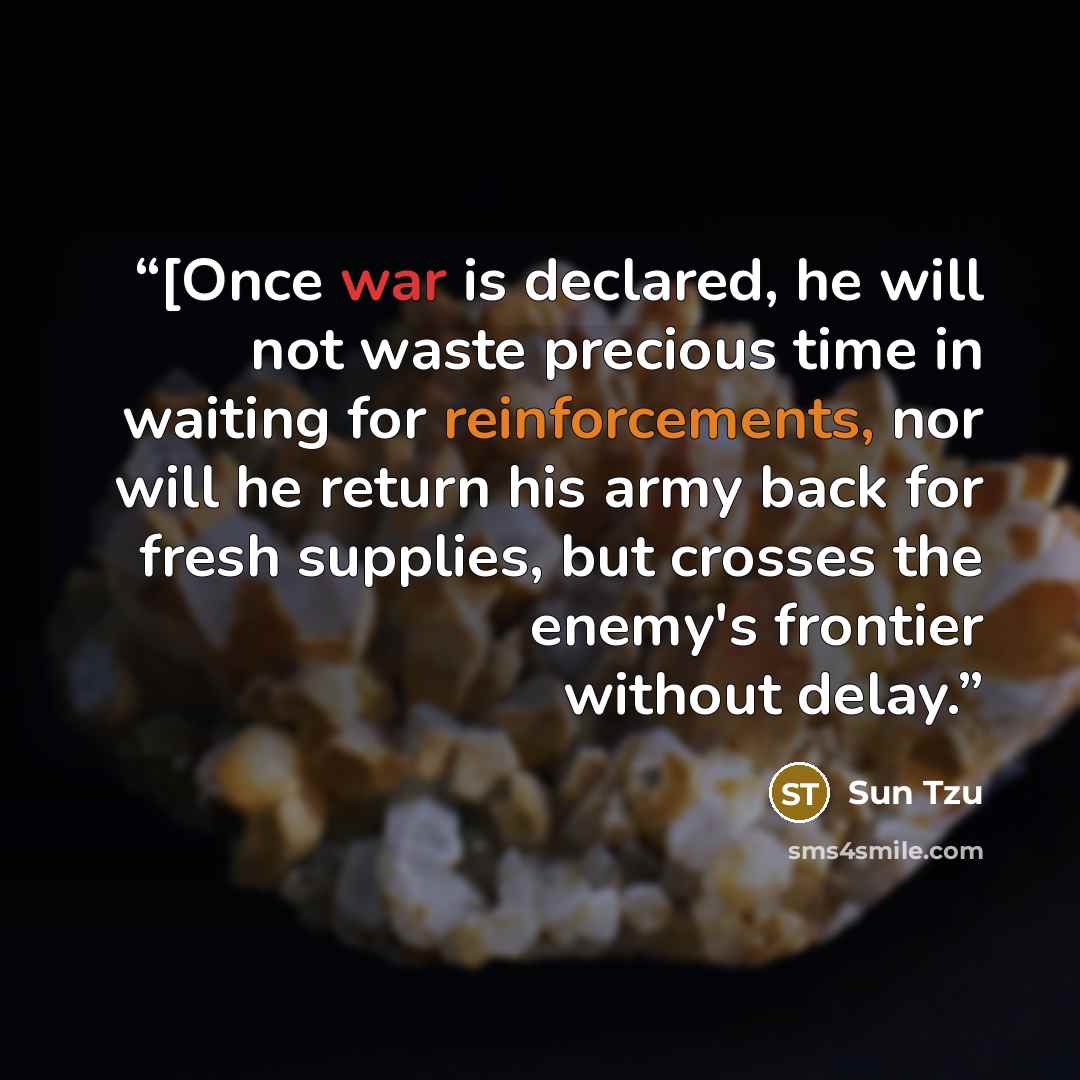 “[Once war is declared, he will not waste precious time in waiting for reinforcements, nor will he return his army back for fresh supplies, but crosses the enemy's frontier without delay.” quote by Sun Tzu