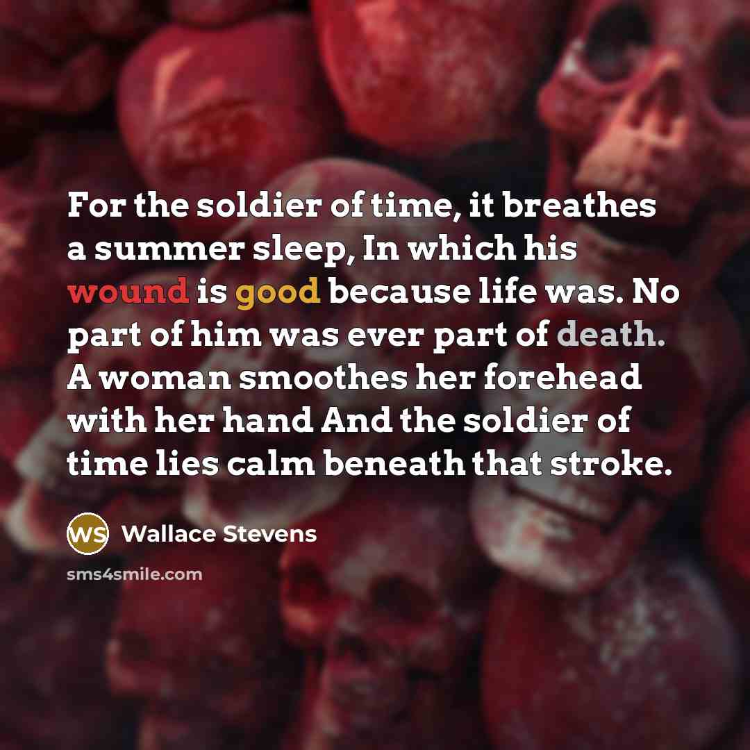 “For the soldier of time, it breathes a summer sleep, In which his wound is good because life was. No part of him was ever part of death. A woman smoothes her forehead with her hand And the soldier of time lies calm beneath that stroke.” quote by Wallace Stevens