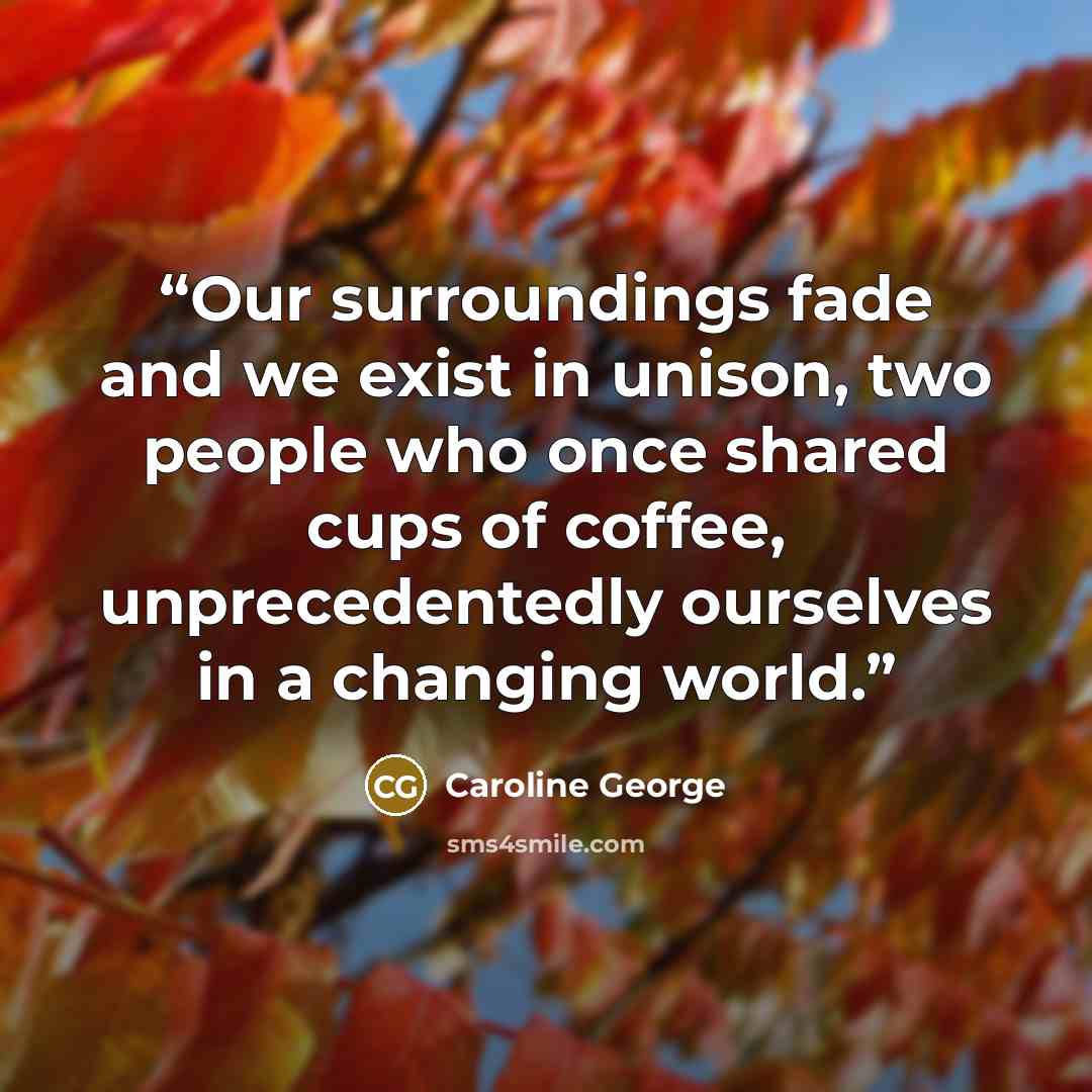 “Our surroundings fade and we exist in unison, two people who once shared cups of coffee, unprecedentedly ourselves in a changing world.” quote by Caroline George
