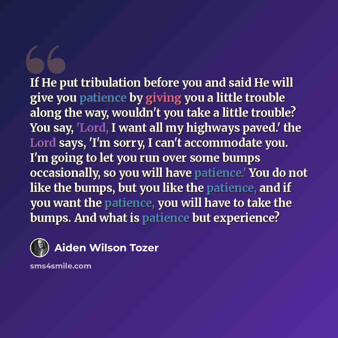 “If He put tribulation before you and said He will give you patience by giving you a little trouble along the way, wouldn't you take a little trouble? You say, 'Lord, I want all my highways paved.' the Lord says, 'I'm sorry, I can't accommodate you. I'm going to let you run over some bumps…” quote by Aiden Wilson Tozer