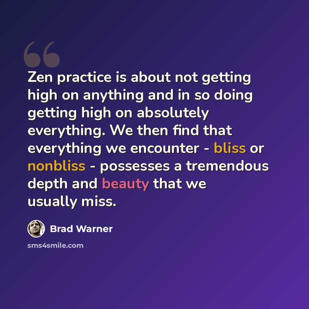“Zen practice is about not getting high on anything and in so doing getting high on absolutely everything. We then find that everything we encounter - bliss or nonbliss - possesses a tremendous depth and beauty that we usually miss.” quote by Brad Warner