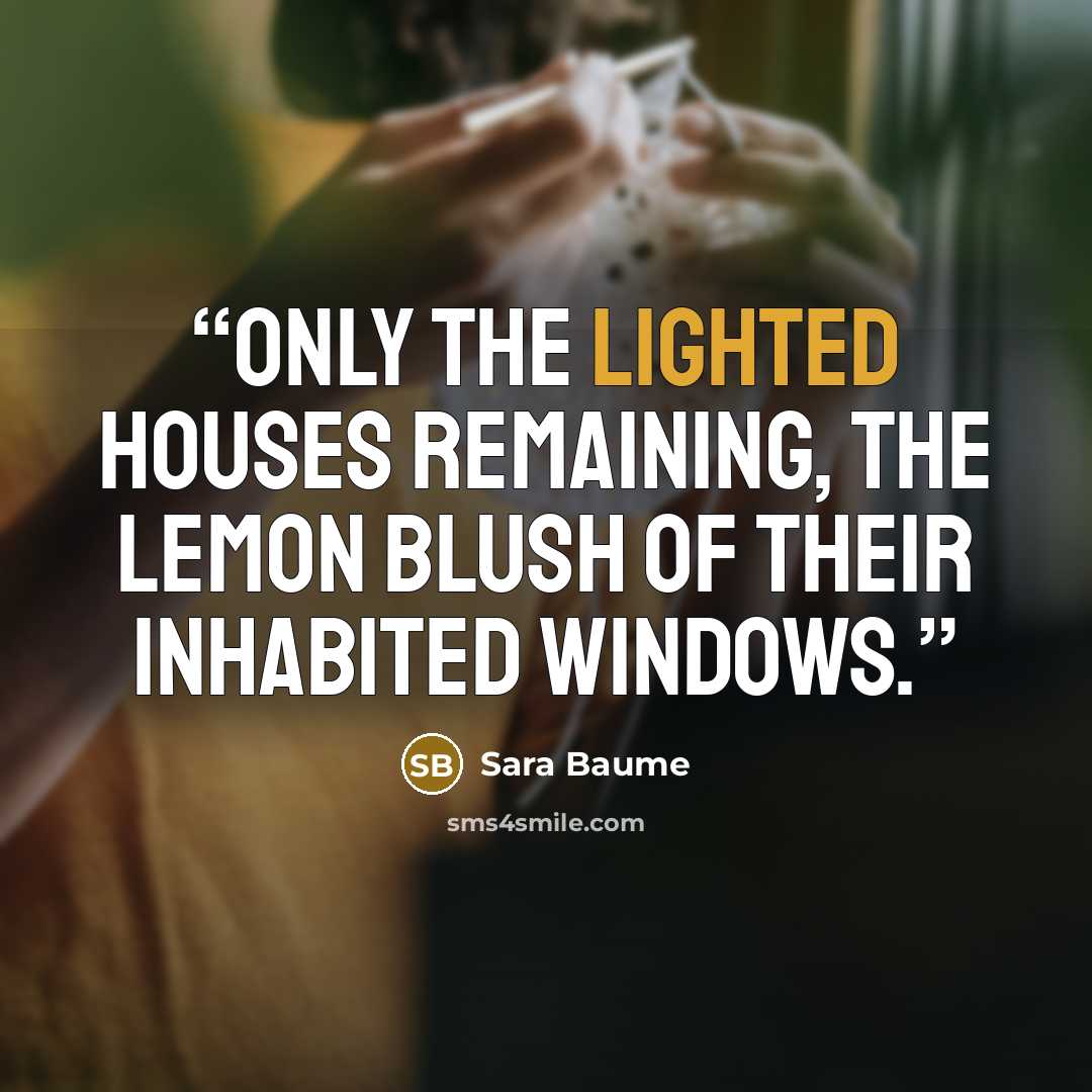 “Only the lighted houses remaining, the lemon blush of their inhabited windows.” quote by Sara Baume
