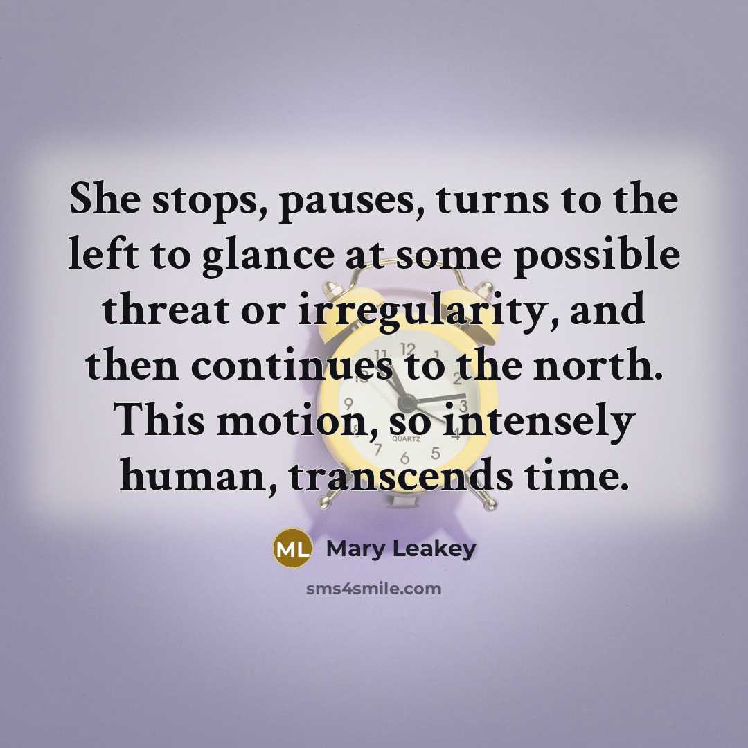 “She stops, pauses, turns to the left to glance at some possible threat or irregularity, and then continues to the north. This motion, so intensely human, transcends time.” quote by Mary Leakey