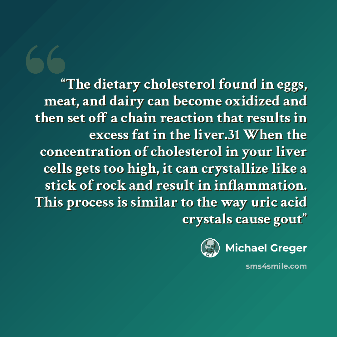 “The dietary cholesterol found in eggs, meat, and dairy can become oxidized and then set off a chain reaction that results in excess fat in the liver.31 When the concentration of cholesterol in your liver cells gets too high, it can crystallize like a stick of rock and result in inflammation. This…” quote by Michael Greger