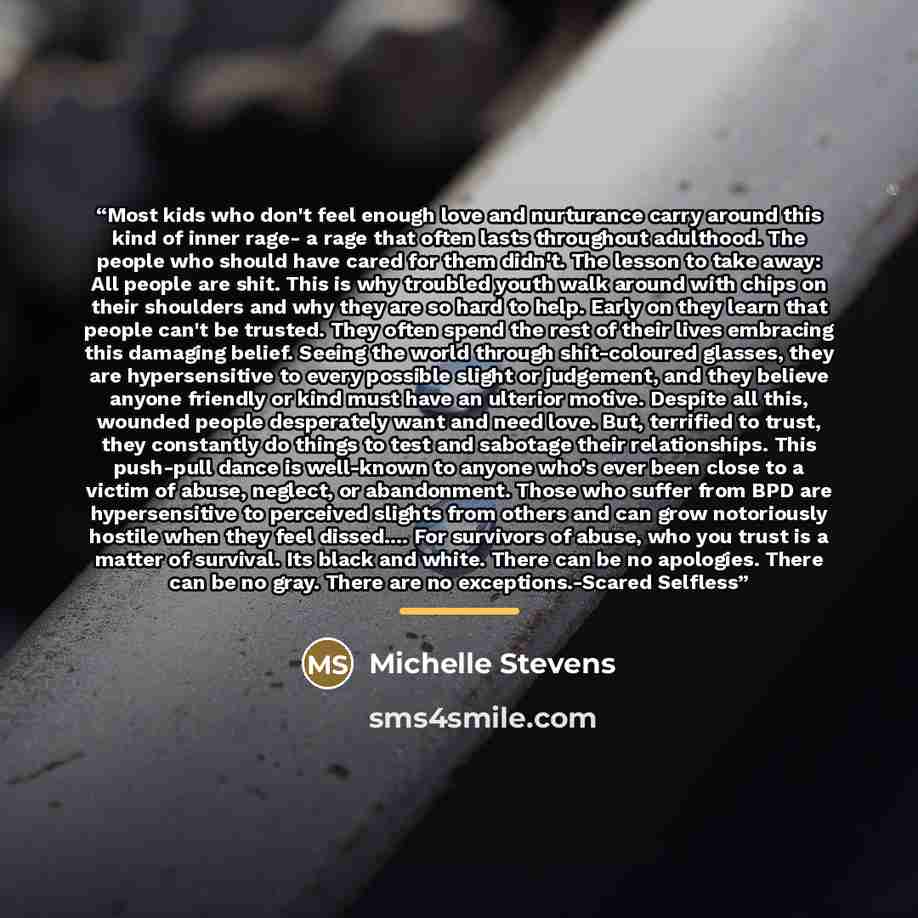 “Most kids who don't feel enough love and nurturance carry around this kind of inner rage- a rage that often lasts throughout adulthood. The people who should have cared for them didn't. The lesson to take away: All people are shit. This is why troubled youth walk around with chips on their…” quote by Michelle Stevens