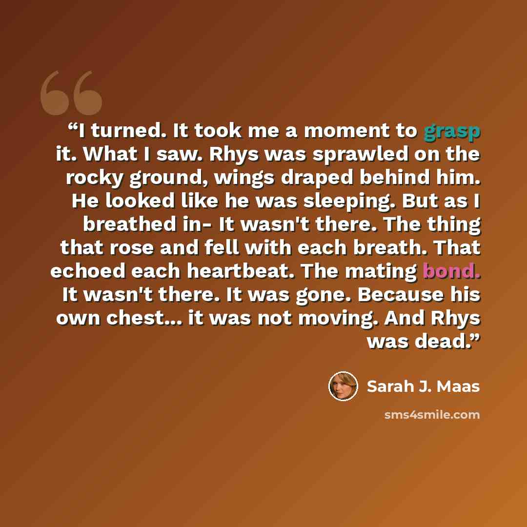 “I turned. It took me a moment to grasp it. What I saw. Rhys was sprawled on the rocky ground, wings draped behind him. He looked like he was sleeping. But as I breathed in- It wasn't there. The thing that rose and fell with each breath. That echoed each heartbeat. The mating bond. It wasn't there…” quote by Sarah J. Maas