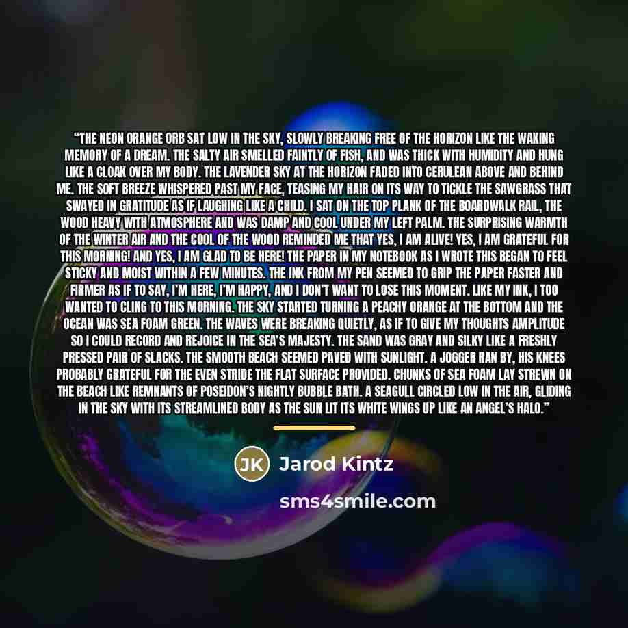 “The neon orange orb sat low in the sky, slowly breaking free of the horizon like the waking memory of a dream. The salty air smelled faintly of fish, and was thick with humidity and hung like a cloak over my body. The lavender sky at the horizon faded into cerulean above and behind me. The soft…” quote by Jarod Kintz