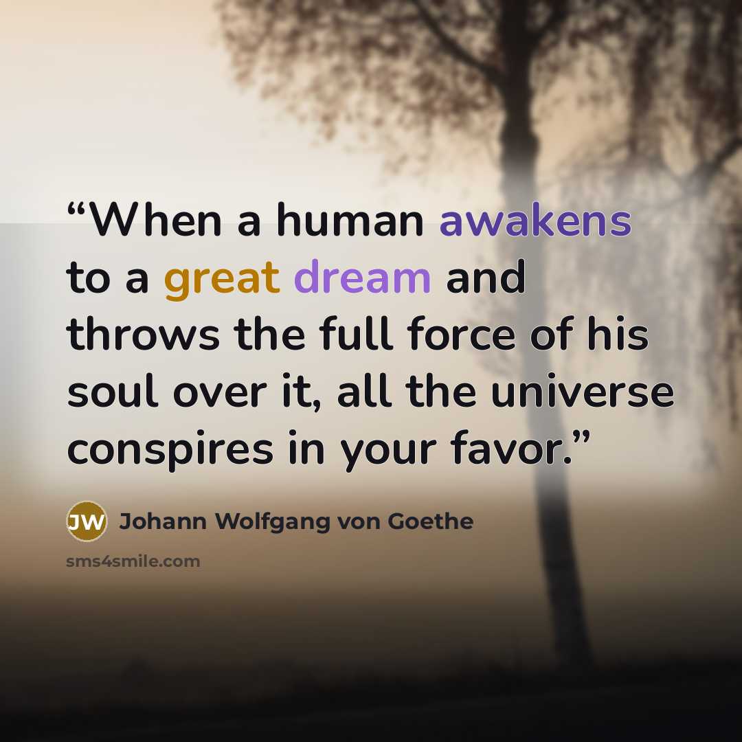 “When a human awakens to a great dream and throws the full force of his soul over it, all the universe conspires in your favor.” quote by Johann Wolfgang von Goethe