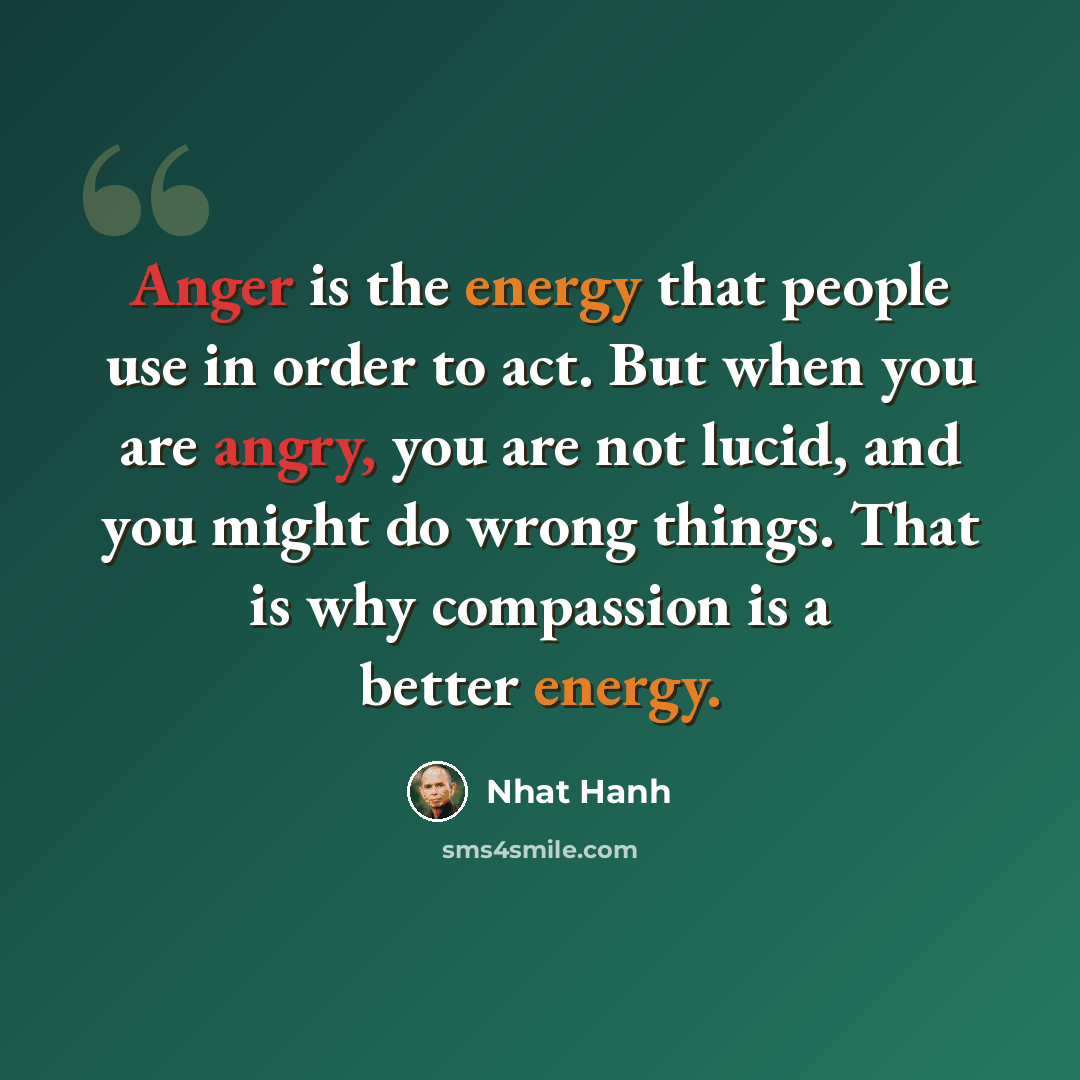 “Anger is the energy that people use in order to act. But when you are angry, you are not lucid, and you might do wrong things. That is why compassion is a better energy.” quote by Nhat Hanh