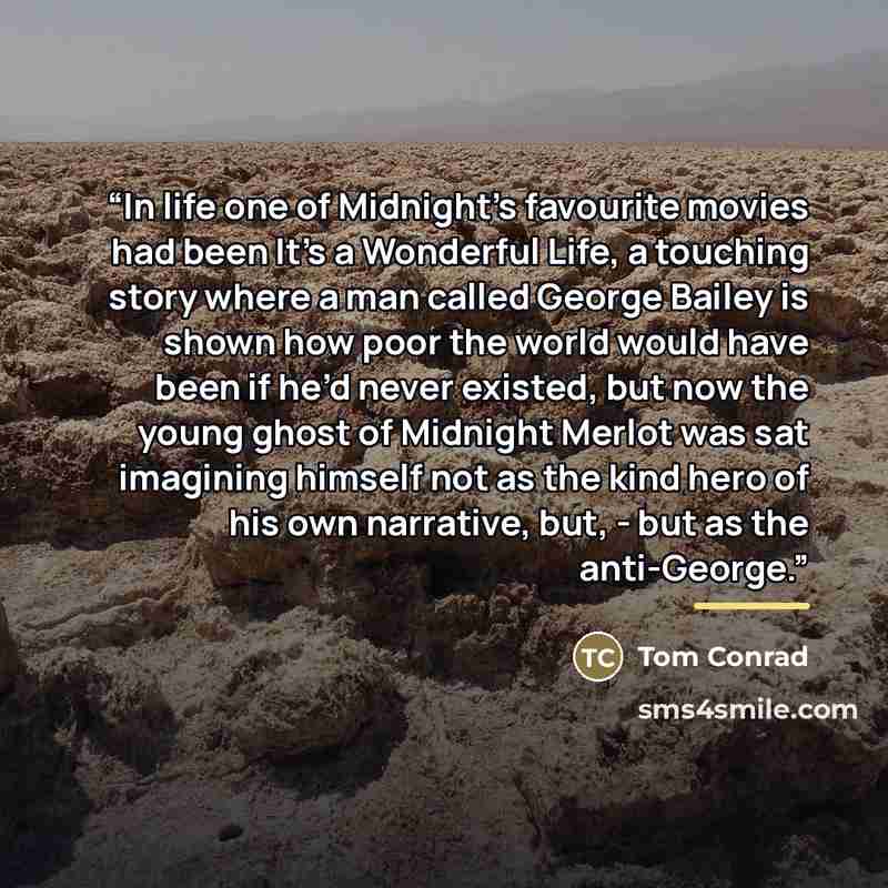 “In life one of Midnight’s favourite movies had been It’s a Wonderful Life, a touching story where a man called George Bailey is shown how poor the world would have been if he’d never existed, but now the young ghost of Midnight Merlot was sat imagining himself not as the kind hero of his own…” quote by Tom Conrad
