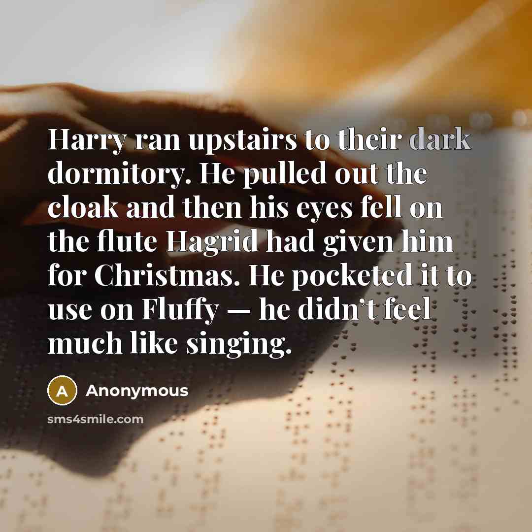 “Harry ran upstairs to their dark dormitory. He pulled out the cloak and then his eyes fell on the flute Hagrid had given him for Christmas. He pocketed it to use on Fluffy — he didn’t feel much like singing.” quote by Anonymous