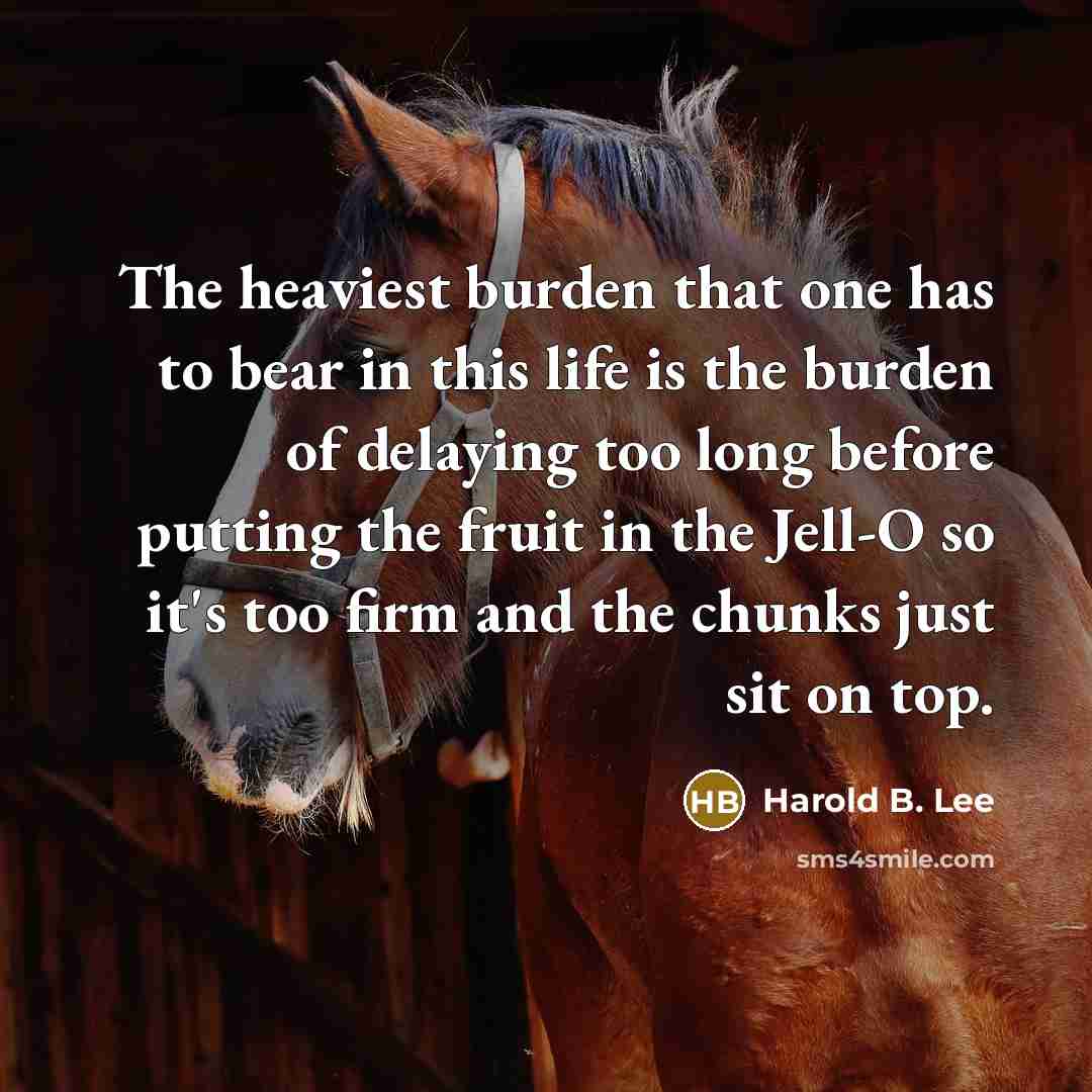 “The heaviest burden that one has to bear in this life is the burden of delaying too long before putting the fruit in the Jell-O so it's too firm and the chunks just sit on top.” quote by Harold B. Lee