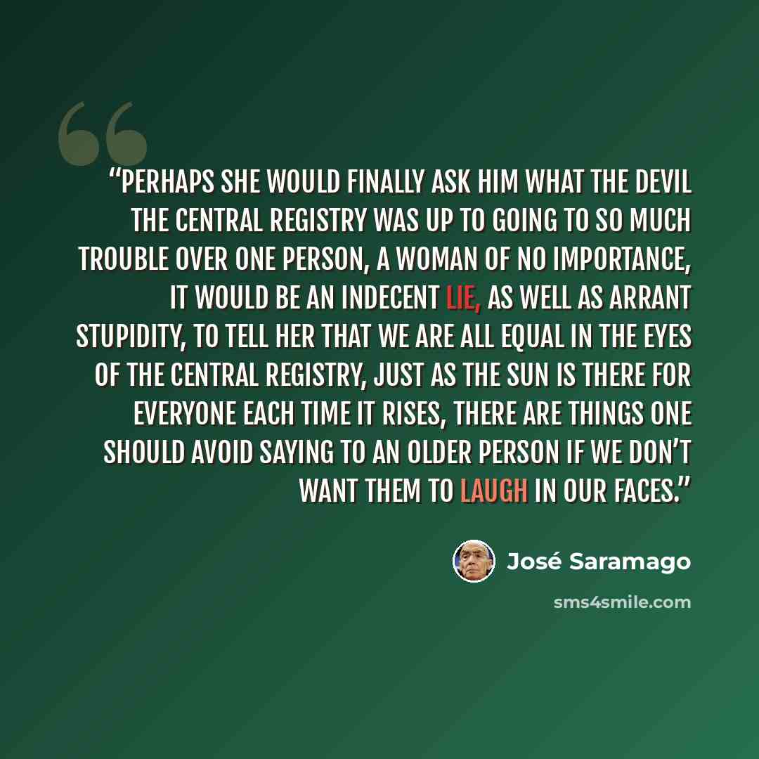 “perhaps she would finally ask him what the devil the Central Registry was up to going to so much trouble over one person, a woman of no importance, it would be an indecent lie, as well as arrant stupidity, to tell her that we are all equal in the eyes of the Central Registry, just as the sun is…” quote by José Saramago