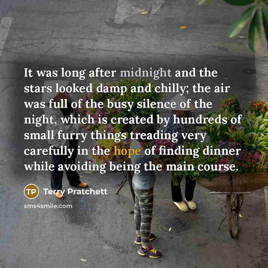 “It was long after midnight and the stars looked damp and chilly; the air was full of the busy silence of the night, which is created by hundreds of small furry things treading very carefully in the hope of finding dinner while avoiding being the main course.” quote by Terry Pratchett