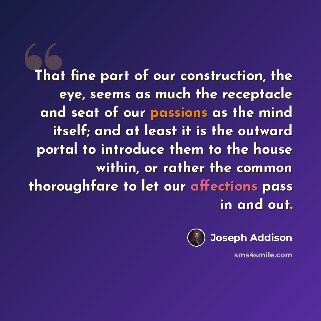 “That fine part of our construction, the eye, seems as much the receptacle and seat of our passions as the mind itself; and at least it is the outward portal to introduce them to the house within, or rather the common thoroughfare to let our affections pass in and out.” quote by Joseph Addison