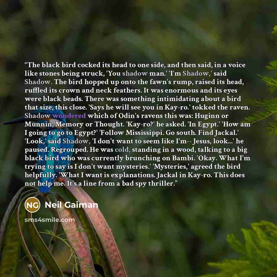 “The black bird cocked its head to one side, and then said, in a voice like stones being struck, 'You shadow man.' 'I'm Shadow,' said Shadow. The bird hopped up onto the fawn's rump, raised its head, ruffled its crown and neck feathers. It was enormous and its eyes were black beads. There was…” quote by Neil Gaiman