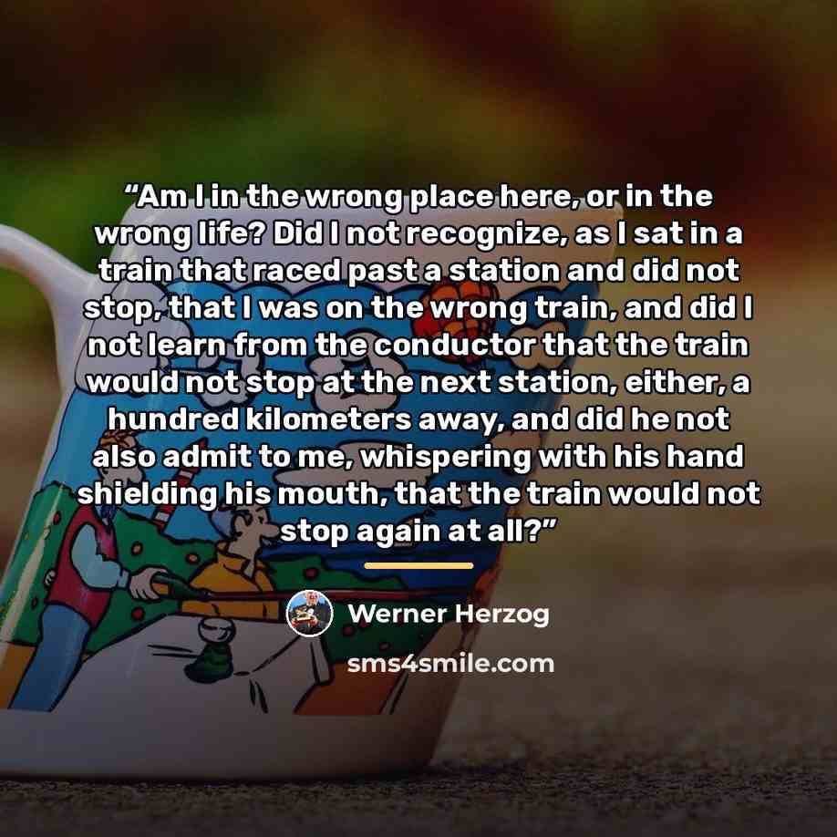 “Am I in the wrong place here, or in the wrong life? Did I not recognize, as I sat in a train that raced past a station and did not stop, that I was on the wrong train, and did I not learn from the conductor that the train would not stop at the next station, either, a hundred kilometers away, and…” quote by Werner Herzog