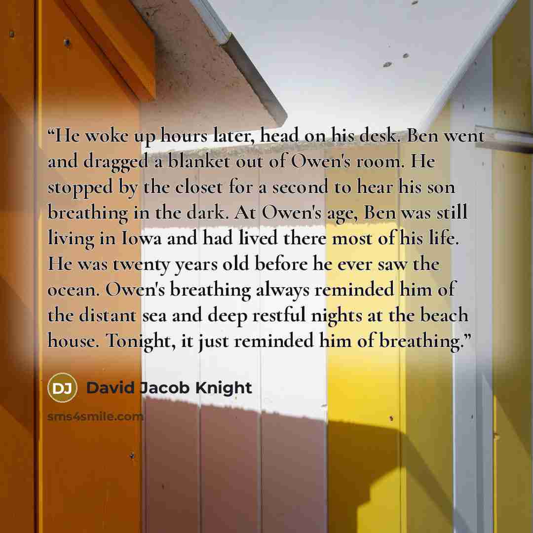 “He woke up hours later, head on his desk. Ben went and dragged a blanket out of Owen's room. He stopped by the closet for a second to hear his son breathing in the dark. At Owen's age, Ben was still living in Iowa and had lived there most of his life. He was twenty years old before he ever saw the…” quote by David Jacob Knight