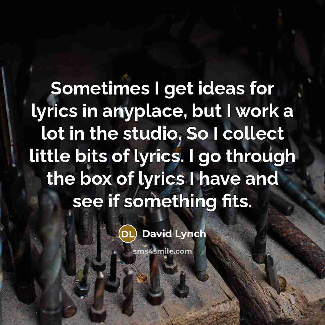 “Sometimes I get ideas for lyrics in anyplace, but I work a lot in the studio. So I collect little bits of lyrics. I go through the box of lyrics I have and see if something fits.” quote by David Lynch