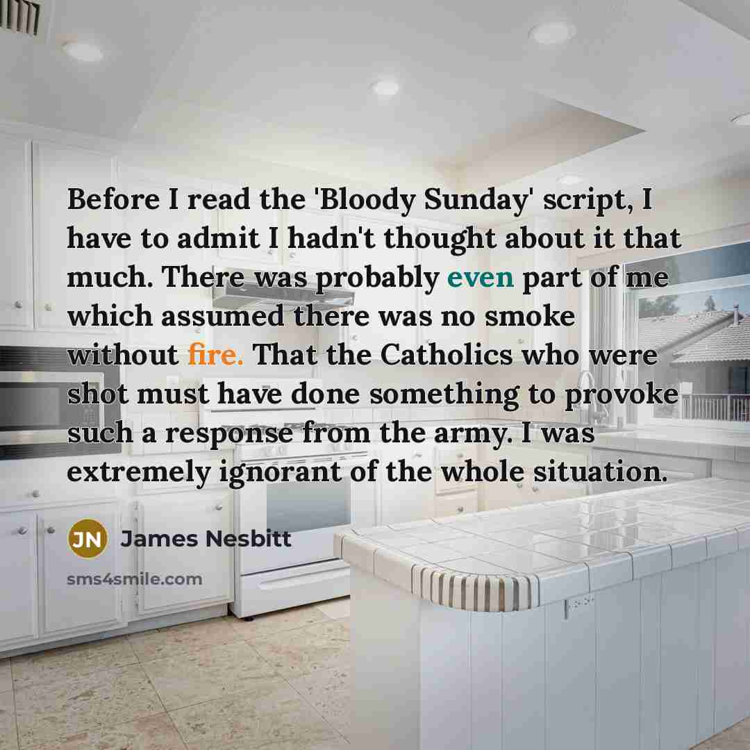 “Before I read the 'Bloody Sunday' script, I have to admit I hadn't thought about it that much. There was probably even part of me which assumed there was no smoke without fire. That the Catholics who were shot must have done something to provoke such a response from the army. I was extremely…” quote by James Nesbitt